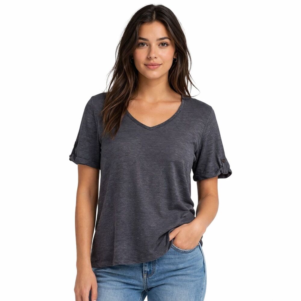 Tahari Shirt Womens Medium Gray Linen V Neck Short Roll Tab Sleeve Top Basic